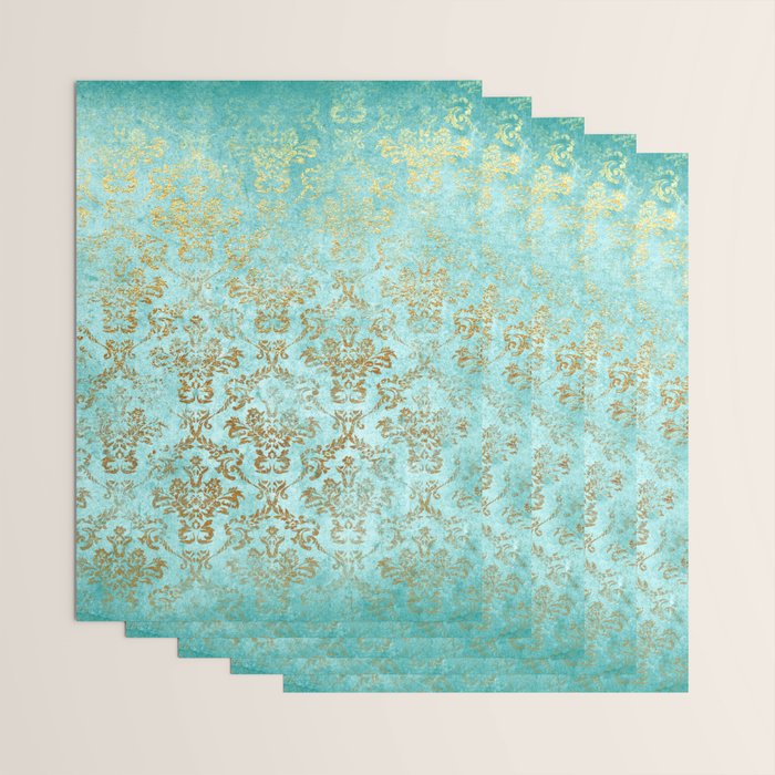 Mermaid Gold Aqua Seafoam Damask Wrapping Paper Gallery Image 3