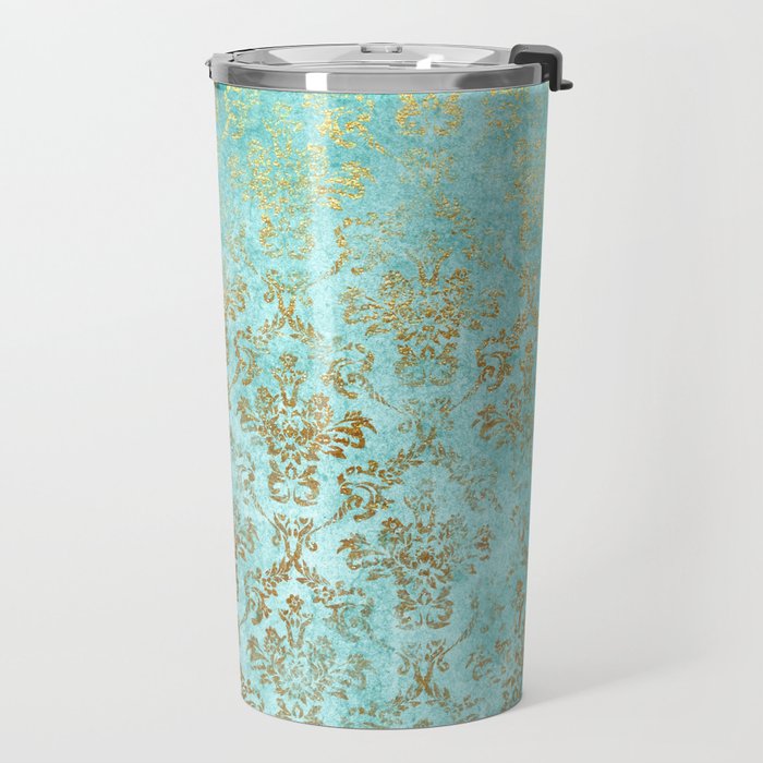 Mermaid Gold Aqua Seafoam Damask Travel Mug Gallery Image 2