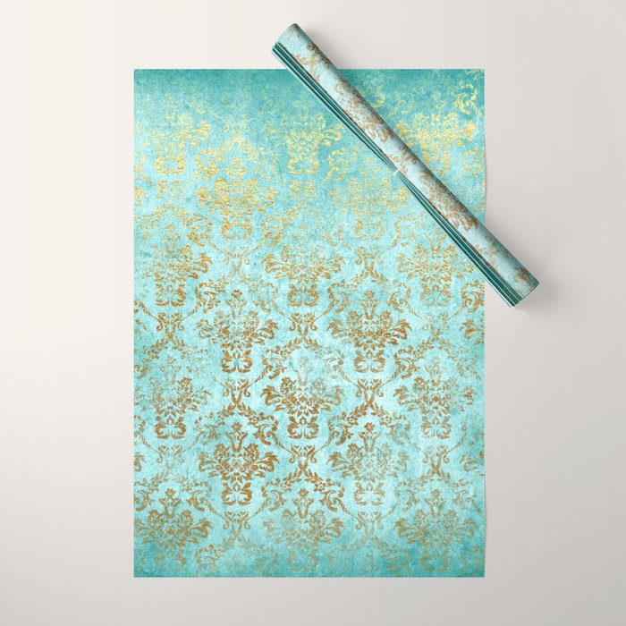 Mermaid Gold Aqua Seafoam Damask Wrapping Paper Gallery Image 1
