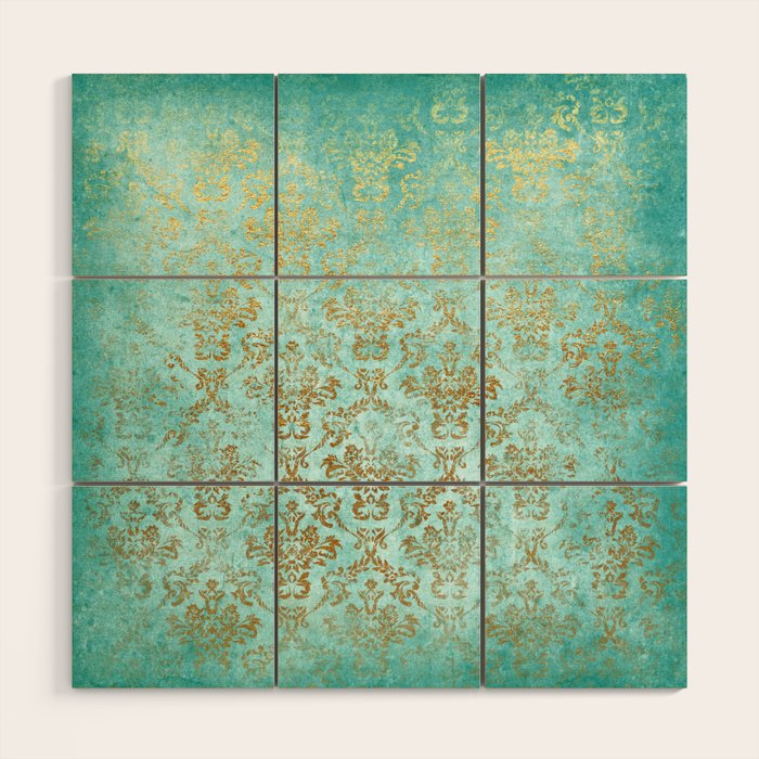 Mermaid Gold Aqua Seafoam Damask Wood Wall Art Gallery Image 1