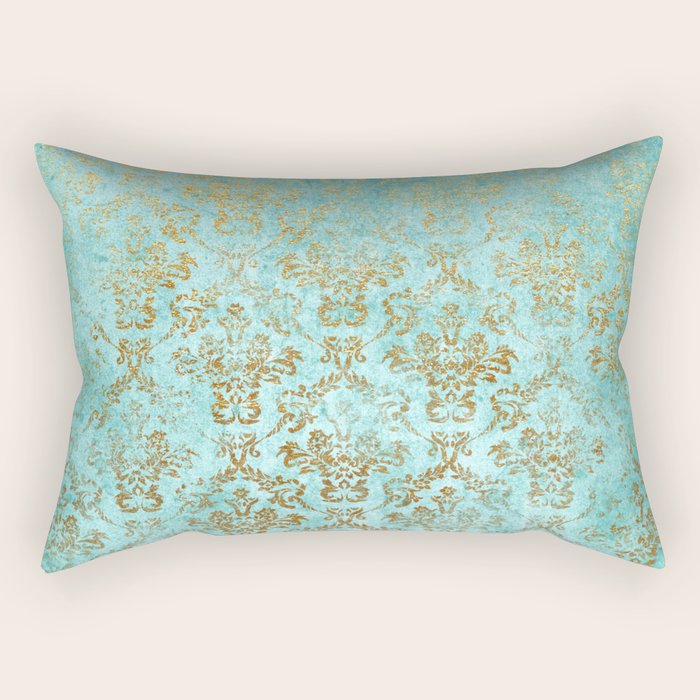 Mermaid Gold Aqua Seafoam Damask Rectangular Pillow Gallery Image 2