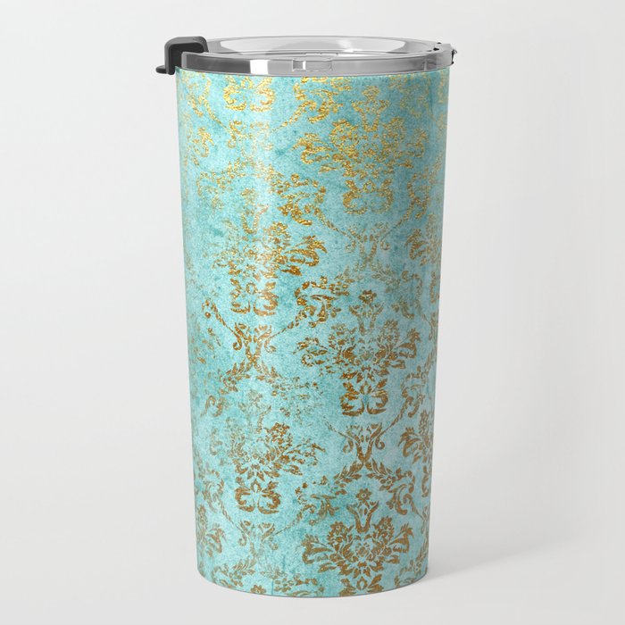 Mermaid Gold Aqua Seafoam Damask Travel Mug Gallery Image 3