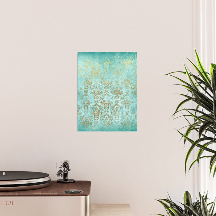Mermaid Gold Aqua Seafoam Damask Poster Gallery Image 2