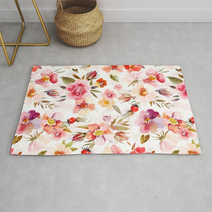 Hygge Watercolor Midsummer Dogroses Pattern  Rug Gallery Image 1