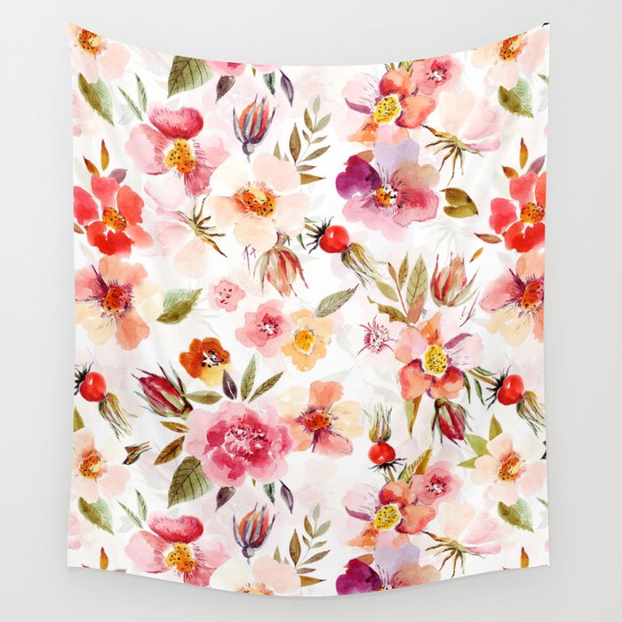 Hygge Watercolor Midsummer Dogroses Pattern  Wall Tapestry Gallery Image 4