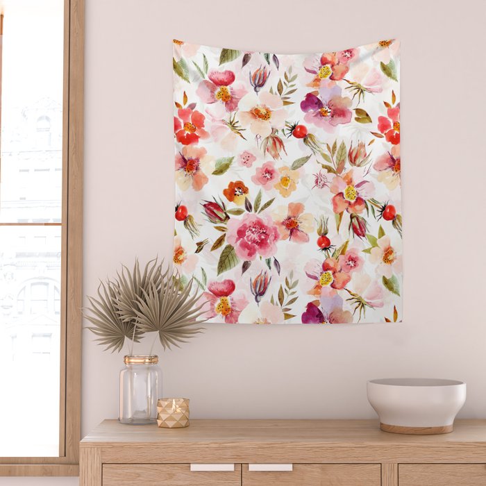 Hygge Watercolor Midsummer Dogroses Pattern  Wall Tapestry Gallery Image 2