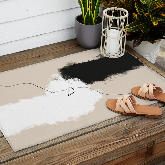 Modern Neutral Abstract Art, Beige, Black and White, Brushstroke Art Print by Synplus Outdoor Rug Gallery Image 2