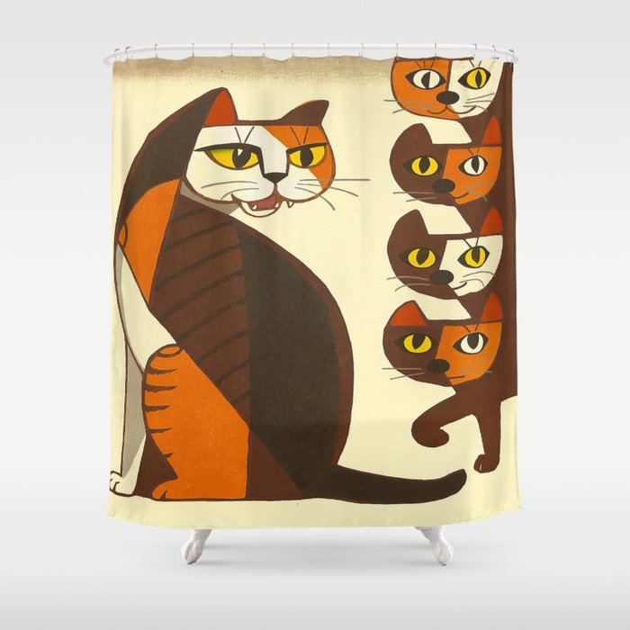 Inagaki Tomoo Vintage Japanese Woodblock print mid century Modern Cubism Art Cats Feline Shower Curtain Gallery Image 1