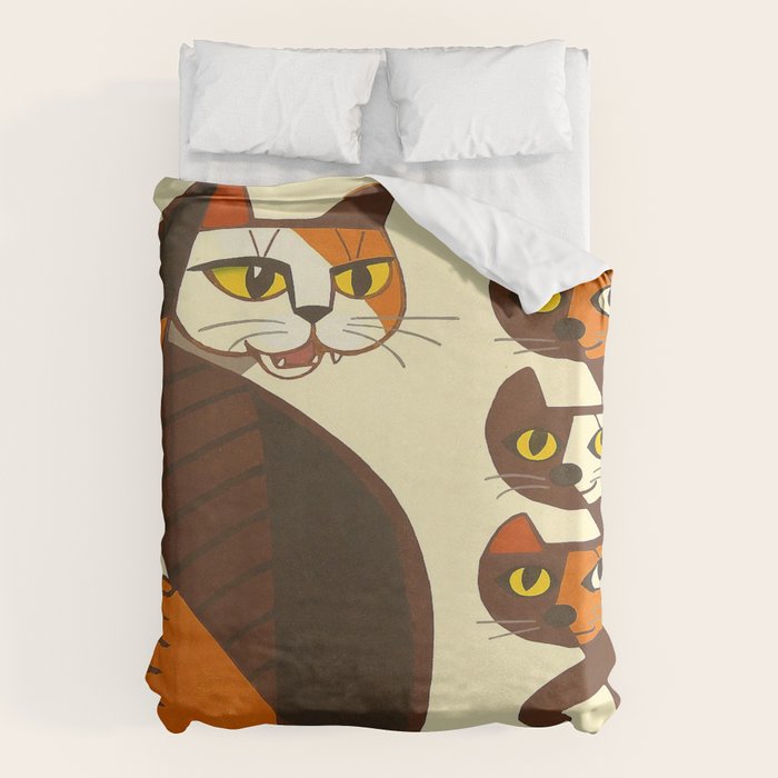 Inagaki Tomoo Vintage Japanese Woodblock print mid century Modern Cubism Art Cats Feline Duvet Cover Gallery Image 1