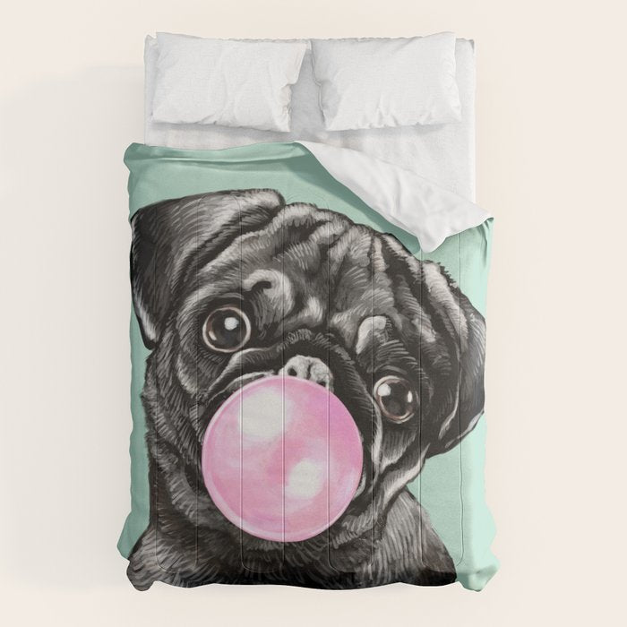 Bubble Gum Black Pug in Green Comforter Gallery Image 1