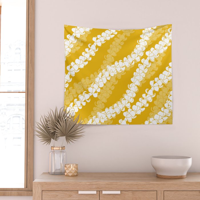 Puakenikeni single leis on Deep yellow Wall Tapestry Gallery Image 2