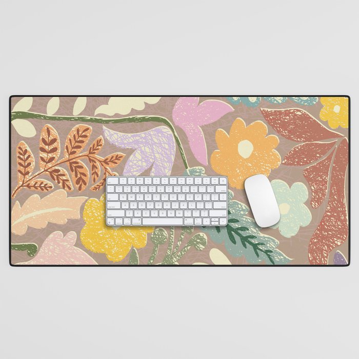 Block print summer meadow earthy tones Desk Mat Gallery Image 1