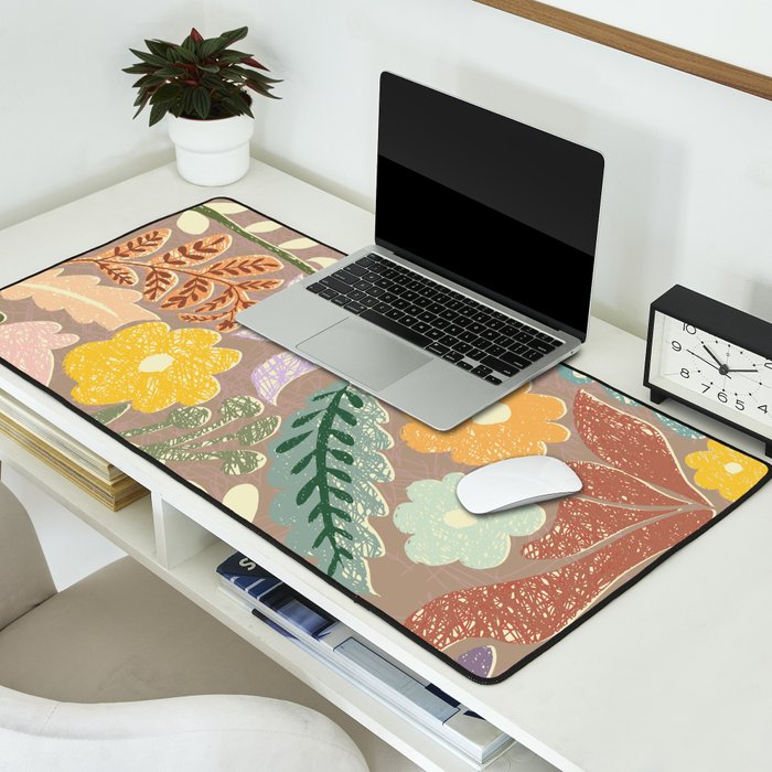Block print summer meadow earthy tones Desk Mat Gallery Image 2