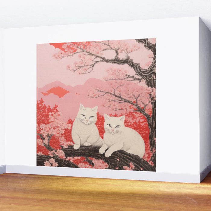 Springtime Japanese Cherry Blossom Twin Cats  Wall Mural Gallery Image 2