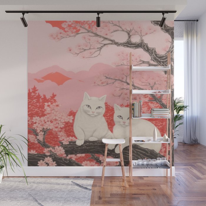 Springtime Japanese Cherry Blossom Twin Cats  Wall Mural Gallery Image 1