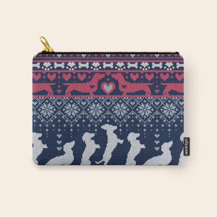 Fair Isle Knitting Doxie Love // navy blue background white and red dachshunds dogs bones paws and hearts Carry All Pouch Gallery Image 1