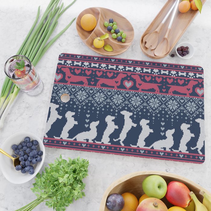 Fair Isle Knitting Doxie Love // navy blue background white and red dachshunds dogs bones paws and hearts Cutting Board Gallery Image 2