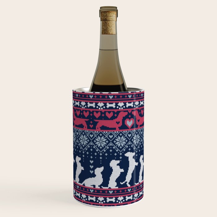 Fair Isle Knitting Doxie Love // navy blue background white and red dachshunds dogs bones paws and hearts Wine Chiller Gallery Image 3