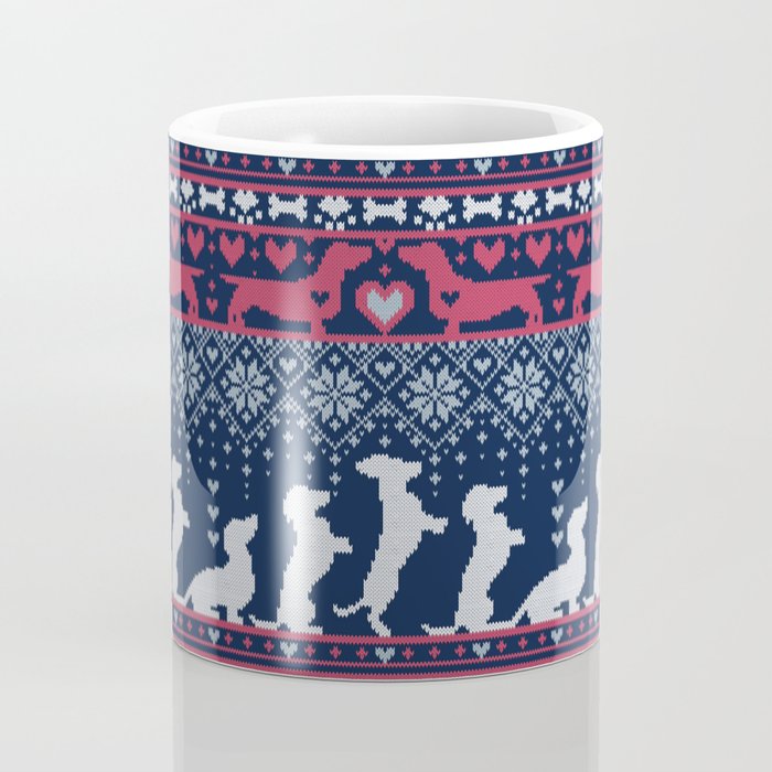 Fair Isle Knitting Doxie Love // navy blue background white and red dachshunds dogs bones paws and hearts Coffee Mug Gallery Image 4