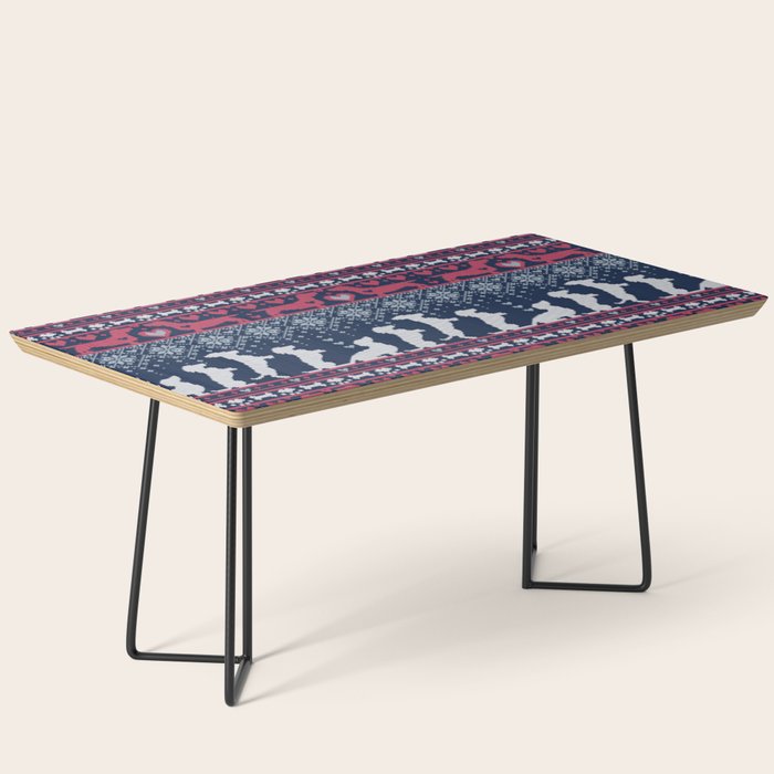 Fair Isle Knitting Doxie Love // navy blue background white and red dachshunds dogs bones paws and hearts Coffee Table