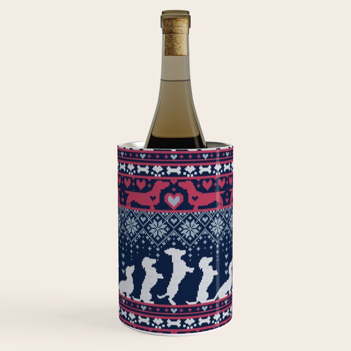 Fair Isle Knitting Doxie Love // navy blue background white and red dachshunds dogs bones paws and hearts Wine Chiller Gallery Image 1