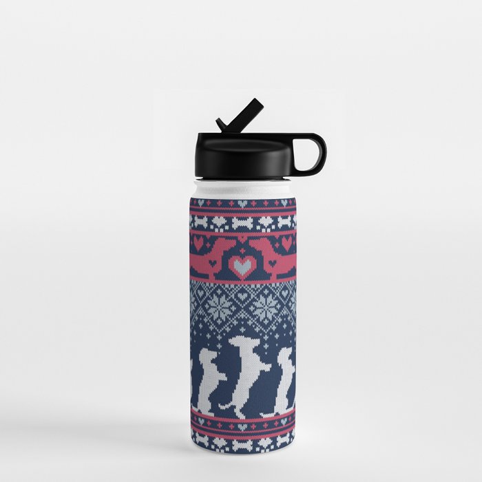 Fair Isle Knitting Doxie Love // navy blue background white and red dachshunds dogs bones paws and hearts Water Bottle Gallery Image 1