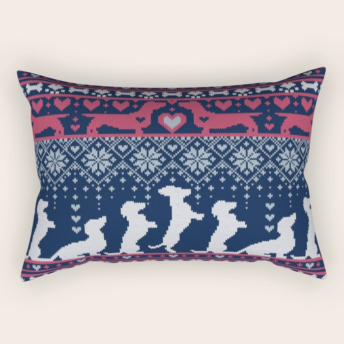Fair Isle Knitting Doxie Love // navy blue background white and red dachshunds dogs bones paws and hearts Rectangular Pillow Gallery Image 1
