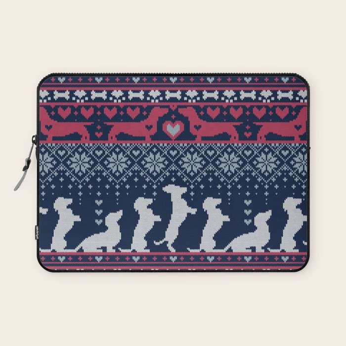 Fair Isle Knitting Doxie Love // navy blue background white and red dachshunds dogs bones paws and hearts Laptop Sleeve Gallery Image 1