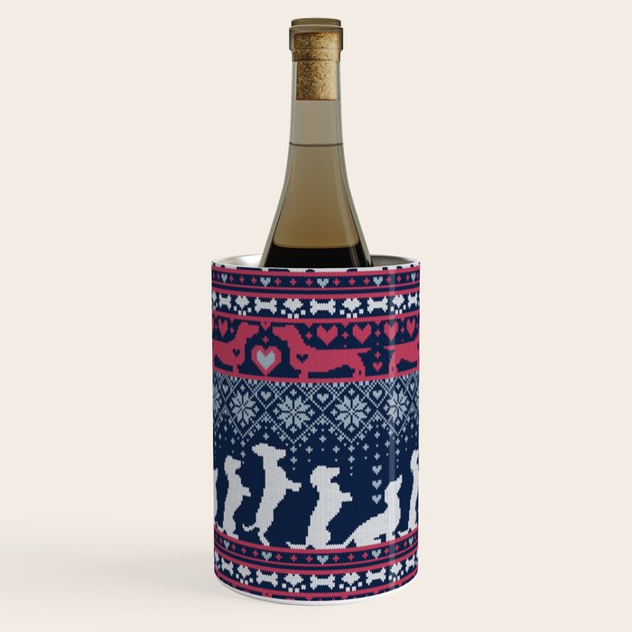 Fair Isle Knitting Doxie Love // navy blue background white and red dachshunds dogs bones paws and hearts Wine Chiller Gallery Image 2