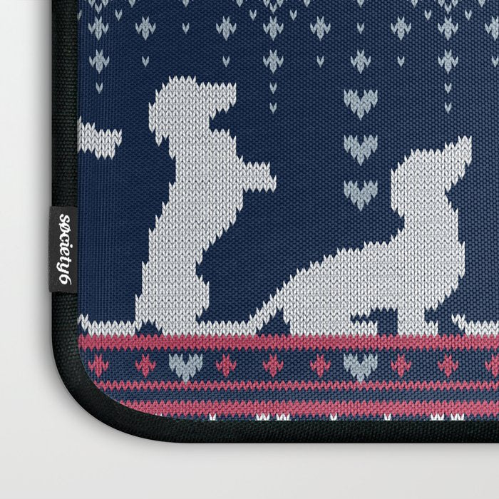 Fair Isle Knitting Doxie Love // navy blue background white and red dachshunds dogs bones paws and hearts Laptop Sleeve Gallery Image 3