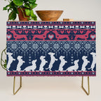 Fair Isle Knitting Doxie Love // navy blue background white and red dachshunds dogs bones paws and hearts Credenza Gallery Image 1