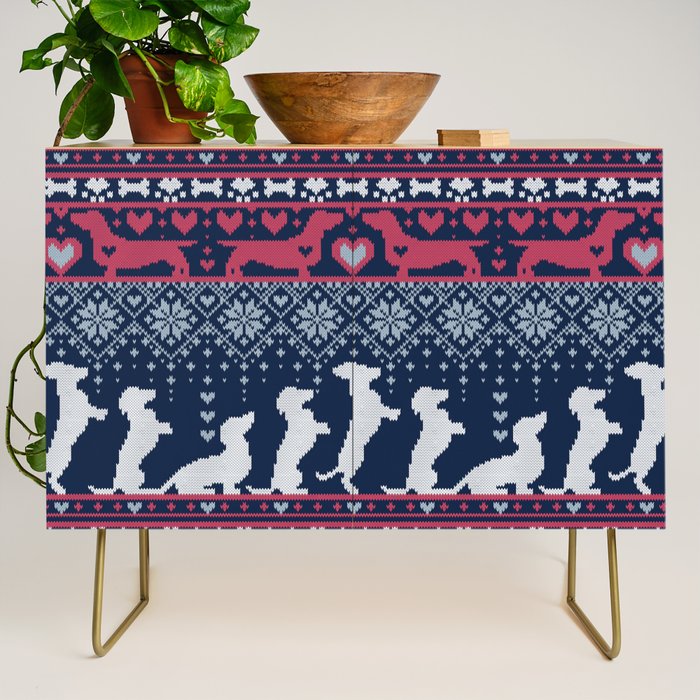 Fair Isle Knitting Doxie Love // navy blue background white and red dachshunds dogs bones paws and hearts Credenza Gallery Image 1