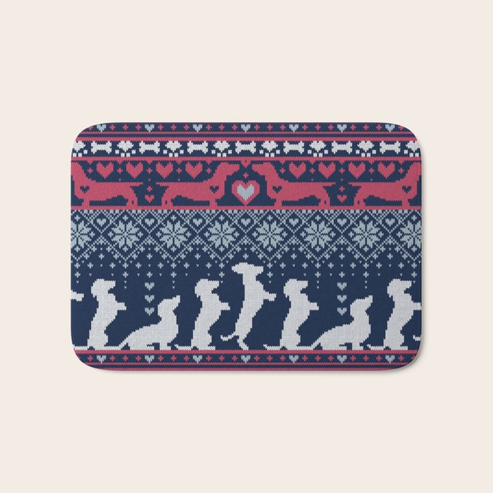 Fair Isle Knitting Doxie Love // navy blue background white and red dachshunds dogs bones paws and hearts Bath Mat Gallery Image 1