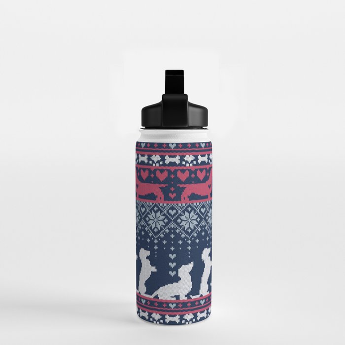 Fair Isle Knitting Doxie Love // navy blue background white and red dachshunds dogs bones paws and hearts Water Bottle Gallery Image 2