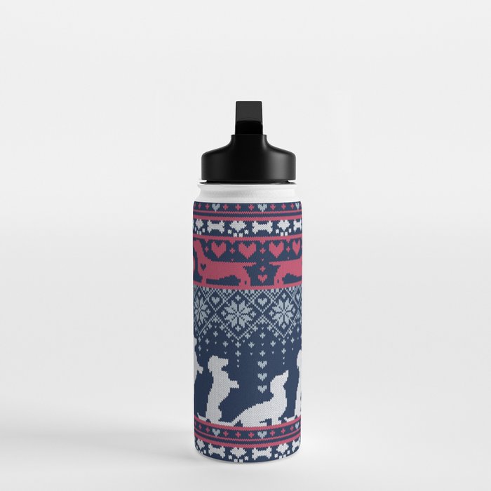Fair Isle Knitting Doxie Love // navy blue background white and red dachshunds dogs bones paws and hearts Water Bottle Gallery Image 3