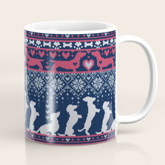 Fair Isle Knitting Doxie Love // navy blue background white and red dachshunds dogs bones paws and hearts Coffee Mug Gallery Image 1