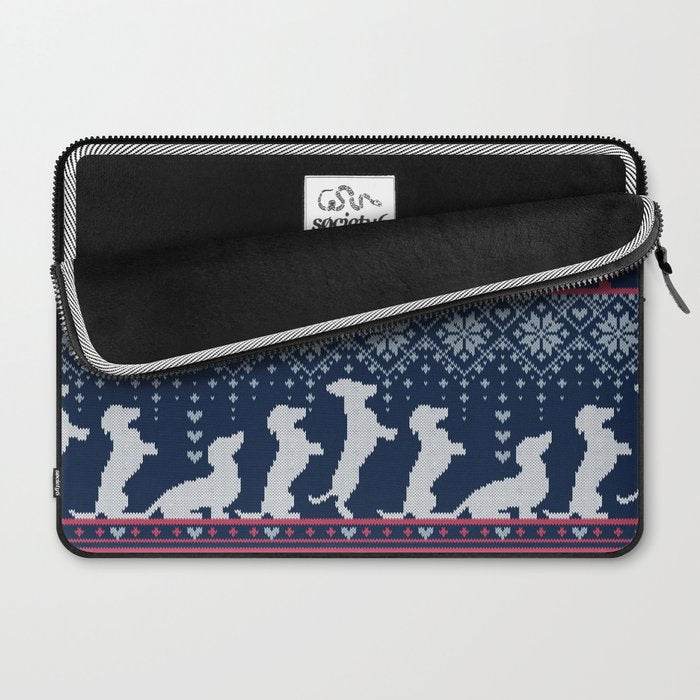 Fair Isle Knitting Doxie Love // navy blue background white and red dachshunds dogs bones paws and hearts Laptop Sleeve Gallery Image 2