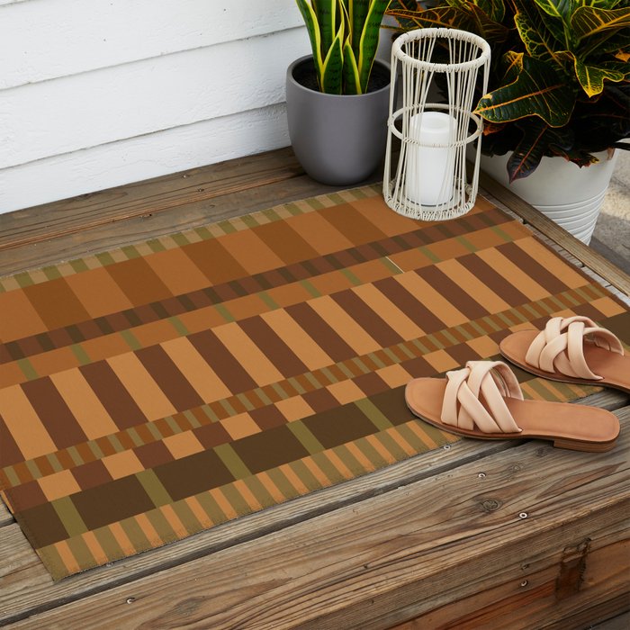 Midcentury Modern Blocks of Stripes neutral browns pattern Outdoor Rug Gallery Image 2