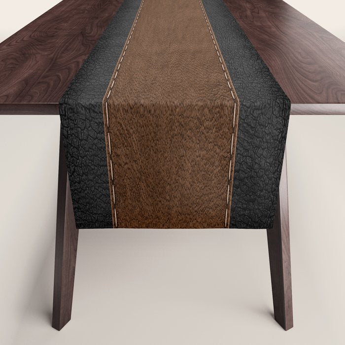 Image of a Brown & Black Stitched Leather Image Table Runner