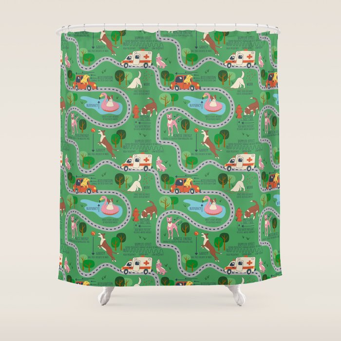 Fursics Cute Dog Park Physics Learning Pattern by Carrie Cantwell Educational STEM Playmat Design Shower Curtain Gallery Image 1