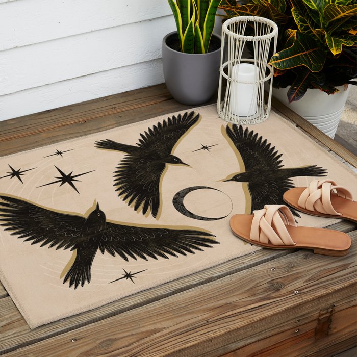 Black birds flying with the Moon Outdoor Rug Gallery Image 2