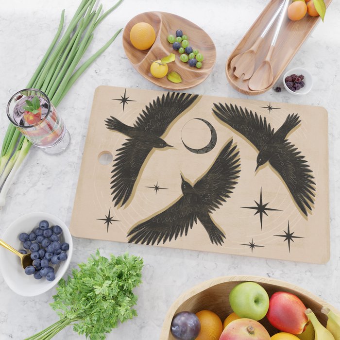 Black birds flying with the Moon Cutting Board Gallery Image 2