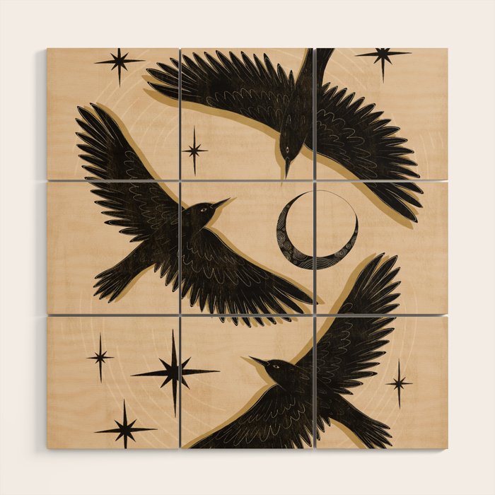 Black birds flying with the Moon Wood Wall Art Gallery Image 1