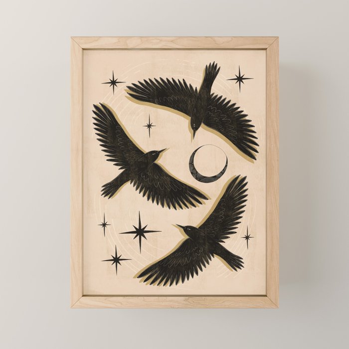 Black birds flying with the Moon Mini Art Print Gallery Image 1