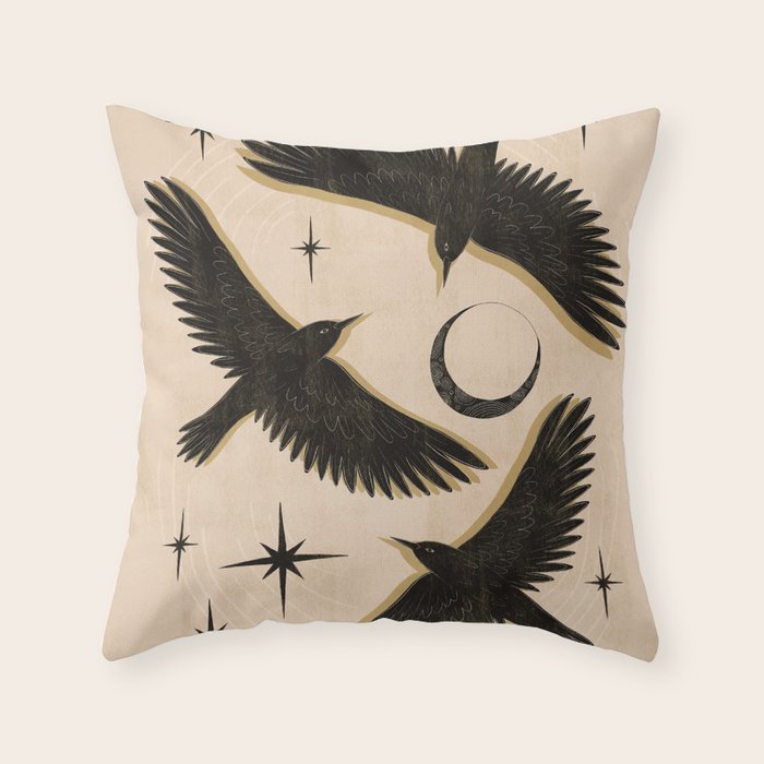 Black birds flying with the Moon Throw Pillow Gallery Image 1