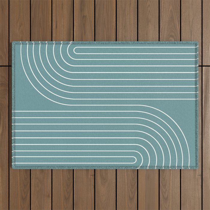 Minimal Line Curvature LXXXVI Beachy Teal Mid Century Modern Arch Abstract Outdoor Rug Gallery Image 1