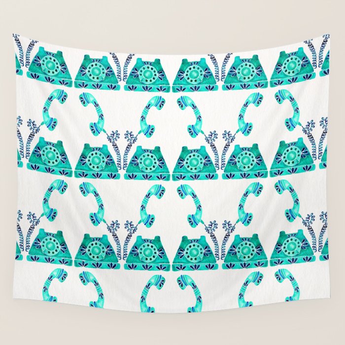 Vintage Rotary Phone - Turquoise Palette Wall Tapestry Gallery Image 4
