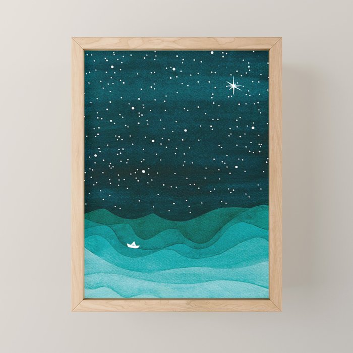 Starry Ocean, teal sailboat watercolor sea waves night Mini Art Print Gallery Image 1