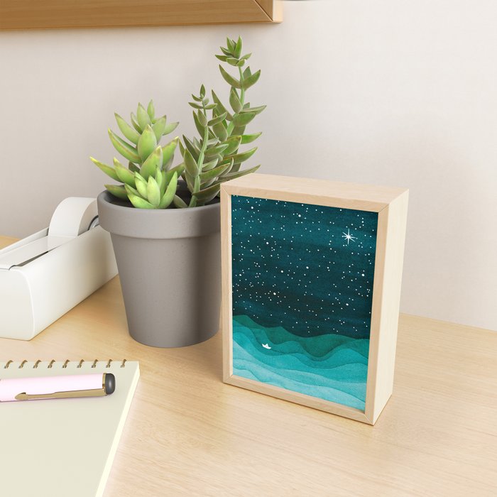 Starry Ocean, teal sailboat watercolor sea waves night Mini Art Print Gallery Image 2