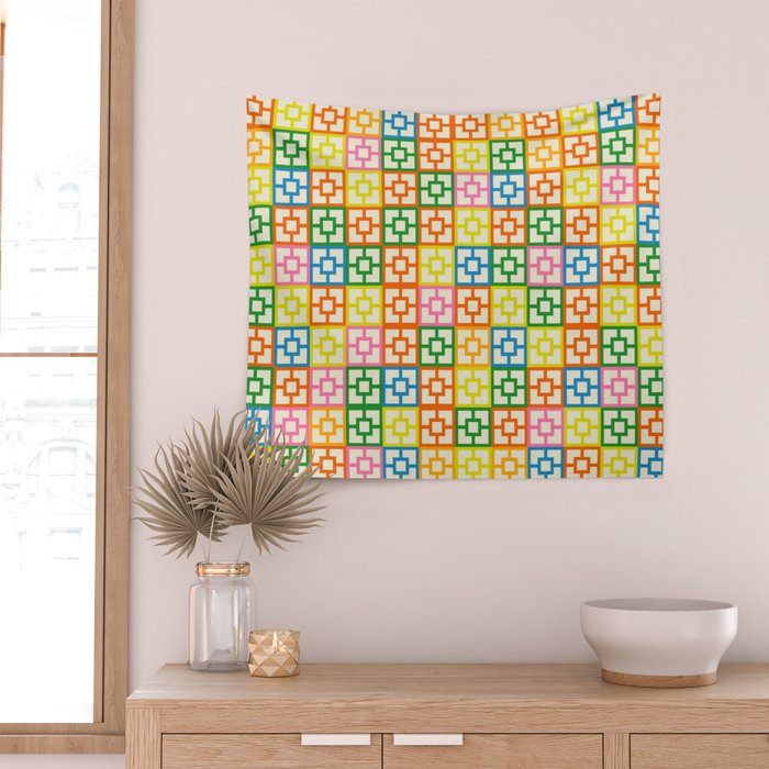 Colorful Mid Century Modern Geometric Breeze Block Pattern Wall Tapestry Gallery Image 2